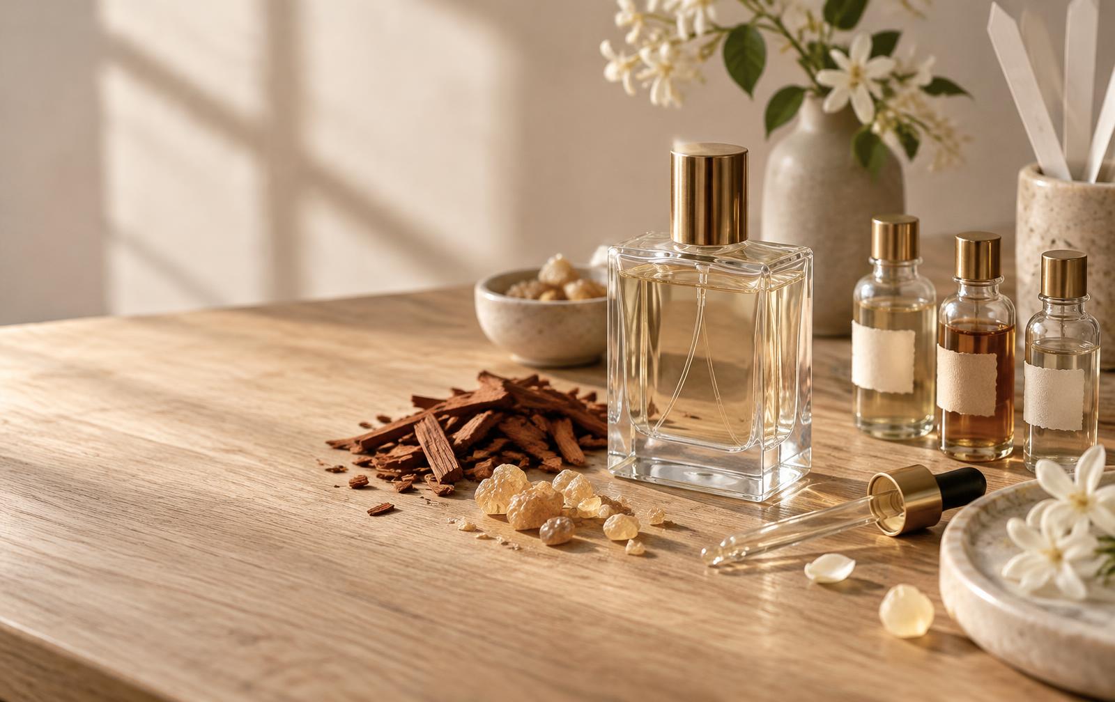 Perfume bottle and botanical materials on a wooden workbench